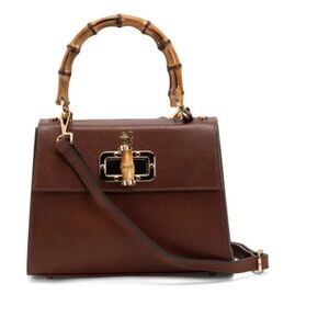 Pratesi Brown Leather Turn Lock Handbag with Bamboo Handle